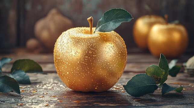 golden and shiny apple symbolizing knowledge, temptation, and prosperity, beautifully showcased with a radiant glow, representing the allure of temptation and the promise of success and abundance