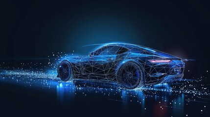 Naklejka premium Futuristic sports car, digital lines, glowing trails, dark background.