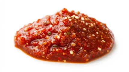 Obraz premium A dollop of spicy red chili sauce on a white background.