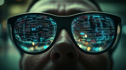 A close-up of AI glasses reflecting lines of code and data, creating a futuristic and immersive digital experience with technology and programming