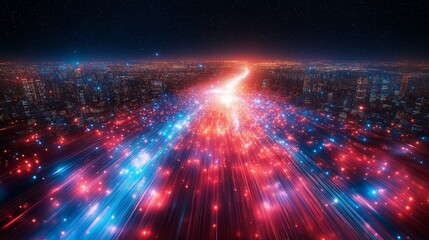 Obraz premium A conceptual illustration showcasing digital AI data streams flowing rapidly towards a futuristic cityscape, symbolizing technology, progress and urban connectivity