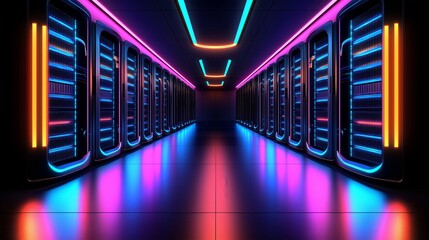 A futuristic AI data center hallway lit with vibrant neon lights, symbolizing advanced digital systems, information exchange, and cutting-edge technology