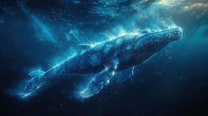 Fototapeta premium Glowing blue whale swimming underwater.