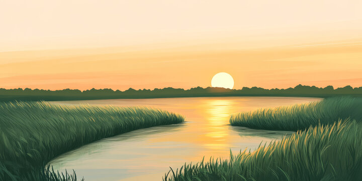 A serene river delta with winding waterways cutting through lush green wetlands. The setting sun paints the sky in shades of orange and pink, reflecting off the calm water.