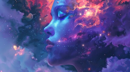 Ethereal woman with cosmic elements in her hair, surrounded by vibrant colorful nebulae and stars, reflecting a sense of wonder and serenity.