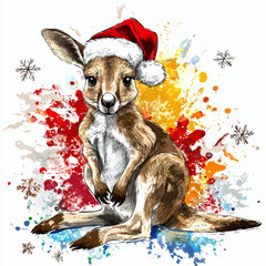 A playful kangaroo joey in a Santa hat sits amidst bright splashes and shimmering snowflakes, spreading holiday cheer. On white background. Illustration.