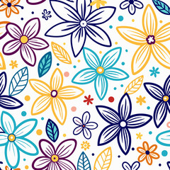 Colorful floral pattern with various flowers and leaves on white background.