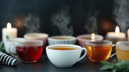Collection hot drink tea cozy concept. Assorted Teacups with Steaming Tea and Candles