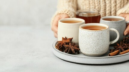 Collection hot drink tea cozy concept. Warm Spiced Tea Served in Cozy Teacups
