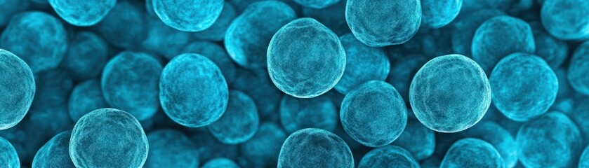 Naklejka premium Abstract close-up image of glowing spherical cells in vibrant blue tones, representing microscopic life forms and cellular structure in a scientific context