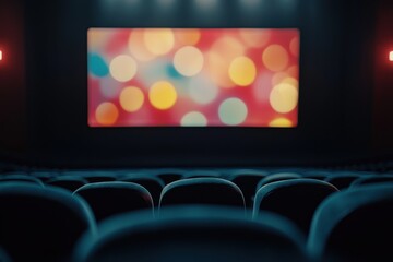 A dimly lit cinema with blurred colorful lights on the screen, creating a cozy atmosphere.