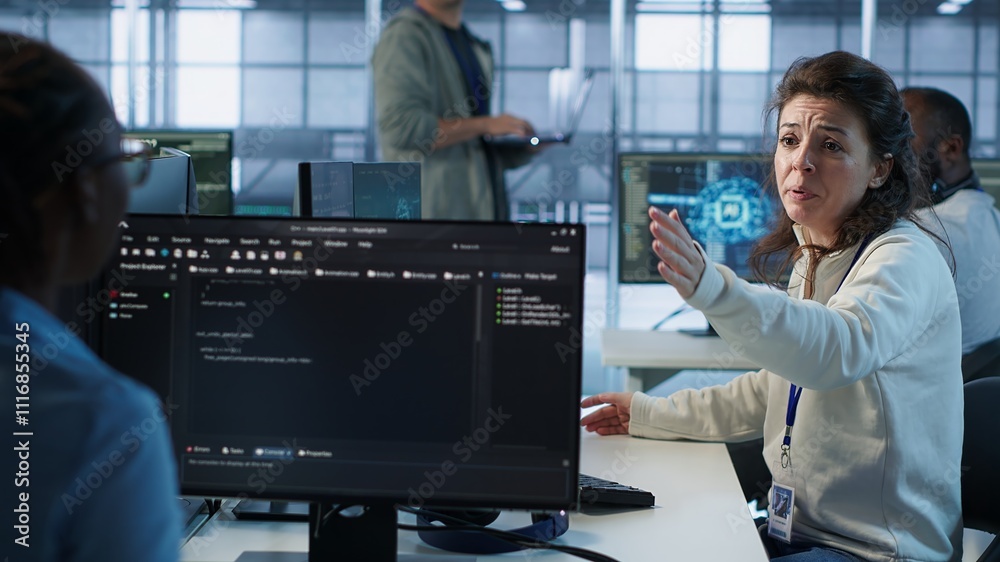 Poster angry woman getting computer crash while trying to fix error in high tech data center. furious emplo