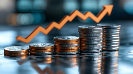 A symbolic stack of coins next to an upward arrow representing financial growth success investment profitability and economic development on a neutral background conveying wealth and prosperity