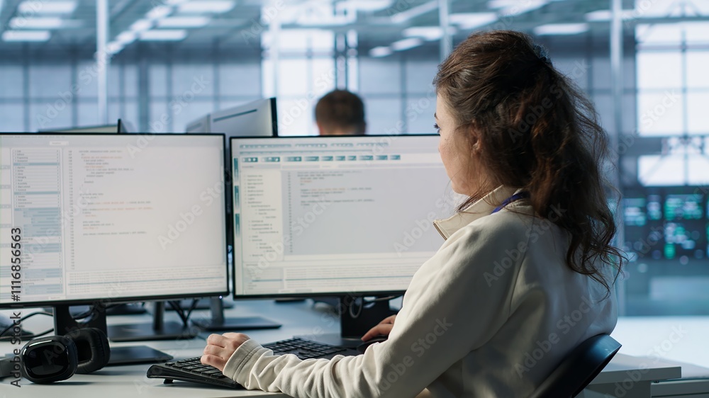 Aufkleber smiling manager in server hub using computer to find firewall misconfigurations affecting rackmounts
