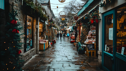 Fototapeta premium Charming Christmas Market Basks in Soft Evening Rain