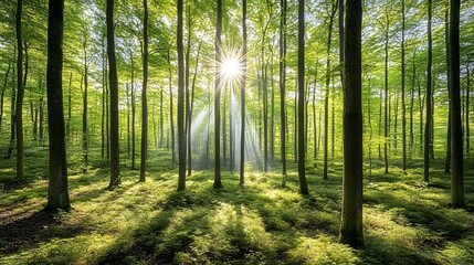 Obraz premium A serene forest scene with sunlight filtering through lush green trees.