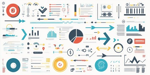 A collection of colorful graphs, charts, and icons for data visualization and analysis.