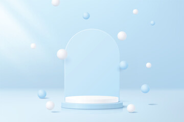 Blue and white 3d cylindrical podium background with floating balls, minimal, realistic stand mockup for beauty product display, stage, presentation, vector illustration.