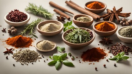 Aromatic spices and herbs in wooden bowls on a light background.