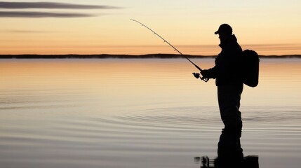 A fisherman stands in calm waters at sunset, casting a line for a peaceful fishing experience.