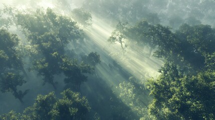 A serene forest scene with sunlight streaming through the trees, creating a tranquil atmosphere.