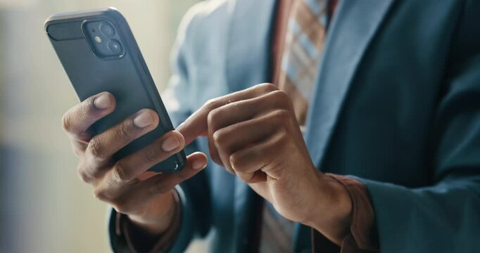 Hands, smartphone and texting in office, lawyer and person with notification, contact or update for lead in legal case. Attorney, advocate and phone for networking, chat and app at corporate law firm