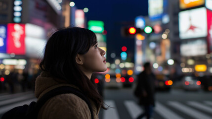 Woman looking at urban skyline with traffic and neon lights
