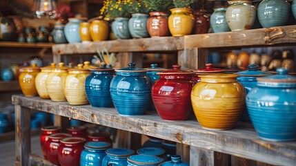 Colorful Ceramic Jars and Pots Displayed on Wooden Shelves
