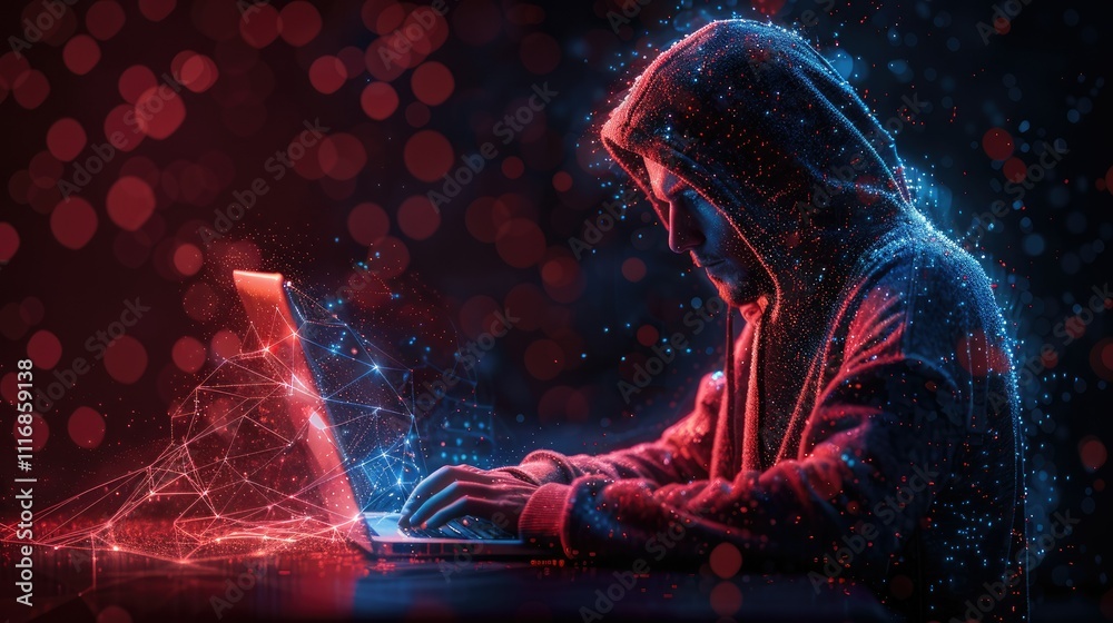 Poster hacker using laptop, digital data streams.