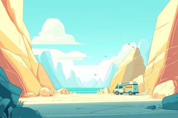 Fototapete A serene landscape featuring a van parked near a tranquil body of water and mountains. © isti