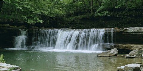Obraz premium A scenic waterfall cascading over rocks into a clear pool. The surrounding forest is lush and green, adding to the natural beauty.