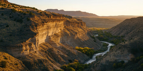 A picturesque canyon with steep, layered cliffs and a winding river below. The soft light of dawn adds a warm glow to the scene.