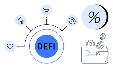 Central DEFI circle connecting to heart, home, shopping cart, gear, and percentage symbol. Wallet with cryptocurrency coins. Ideal for finance, blockchain, fintech, cryptocurrency, online
