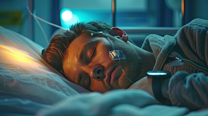Obraz premium Young man sleeping peacefully in a hospital bed, attached to medical monitoring equipment.