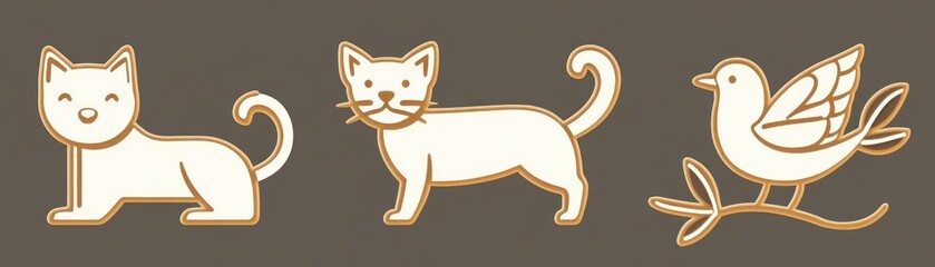 Obraz premium Three stylized animal icons featuring a cat, a kitten, and a bird on a neutral background.