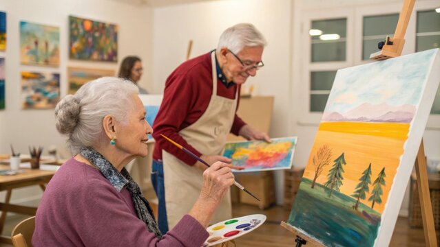 An inviting art studio where seniors are engaging in painting classes. One elderly woman focuses intently on her canvas applying bold strokes of paint while a man with spectacles
