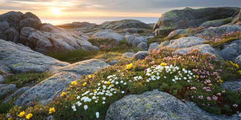 Fototapeta premium A pristine tundra landscape with patches of wildflowers and moss growing between the rocks. In the distance, the Arctic Ocean shimmers under the pale light of the midnight sun.