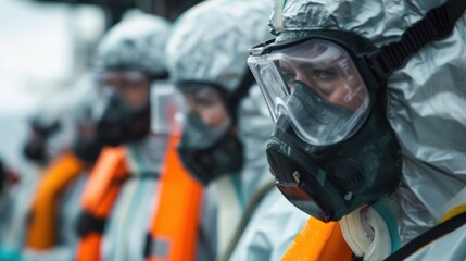 Naklejka premium A group of crew members suited up in protective gear as they participate in a hazardous material safety training session on board a cargo ship.