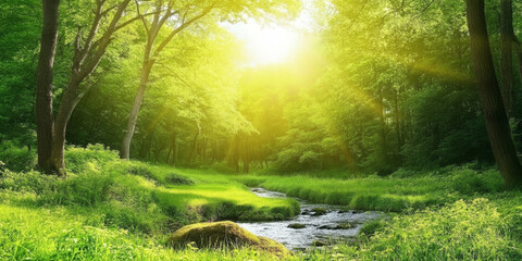 Obraz premium A tranquil forest glade with a small stream flowing through it. The surrounding trees are tall and majestic, and the sunlight filters through their leaves.