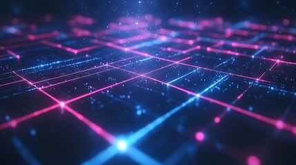 Fototapeta premium Abstract digital grid with glowing blue and pink lines, evoking a futuristic tech environment.