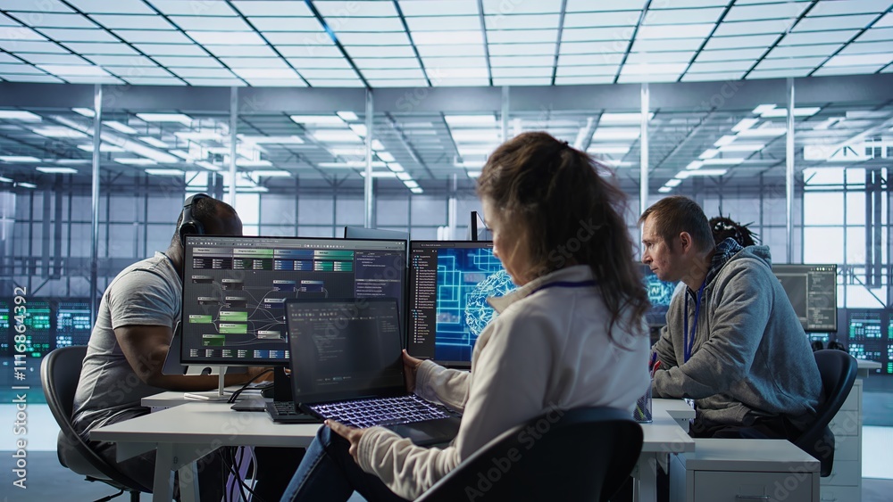 Poster it employee programming in ai server farm housing advanced equipment used for machine learning train