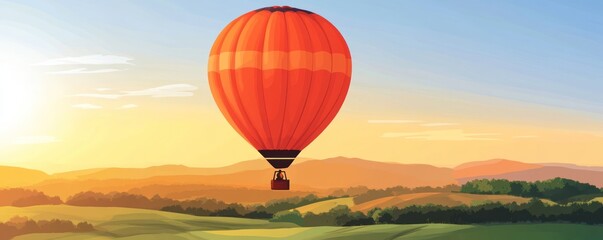 Obraz premium A vibrant hot air balloon floats over a serene landscape at sunrise.
