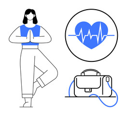 Woman doing yoga pose, heartbeat icon indicating wellness, gym bag. Ideal for fitness, health, meditation, relaxation, mental well-being, lifestyle, and self-care topics. Line metaphor