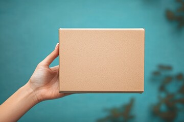 Hand Holding Brown Cardboard Box on Pastel Blue Background for Delivery and Gift Concept