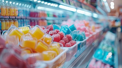 Refrigerated Shelf Displaying Colorful Fruit Cups and Frozen Raspberries