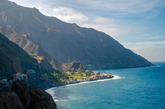Sunrise over Vila das pombas village on the trekking island of Santo Antonio, Cape Verde