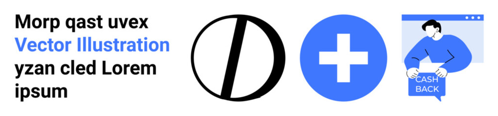 Obraz premium Text elements, black and blue circular icons, medical cross, and person with cash back sign. Ideal for healthcare, finance, websites, marketing, app design, educational materials, presentations