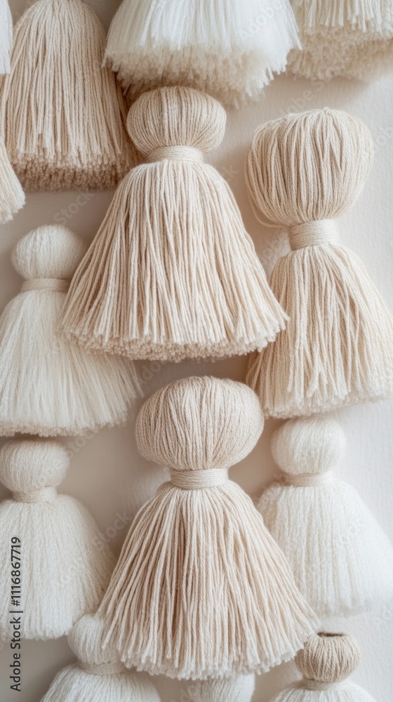Poster exploring a close-up view of handmade tassels, these charming fabric creations adorn a wall with the