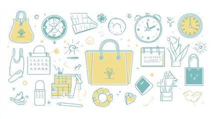 A collection of illustrated items representing daily life and organization.