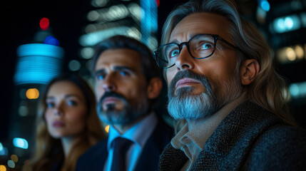 Obraz premium Professionals Observing City Skyline at Night With Bright Lights and Buildings